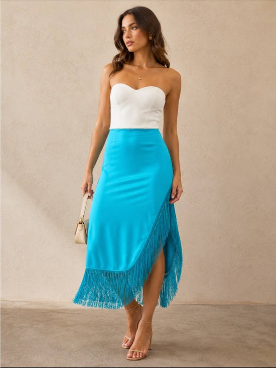 Rachel Zoe Dresses & Skirts - Rachel Zoe Turquoise Asymmetrical Fringe Midi Skirt with Side Slit Size Medium